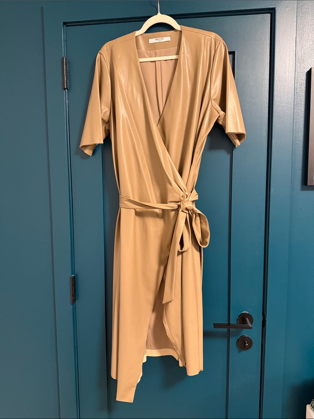 Smash + Tess Faux Leather Tan Wrap Dress with Self-Tie Waist